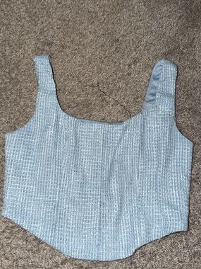 Light Blue Tweed Square-Neck Crop Top